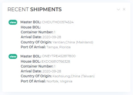 Recent Shipments Search Results